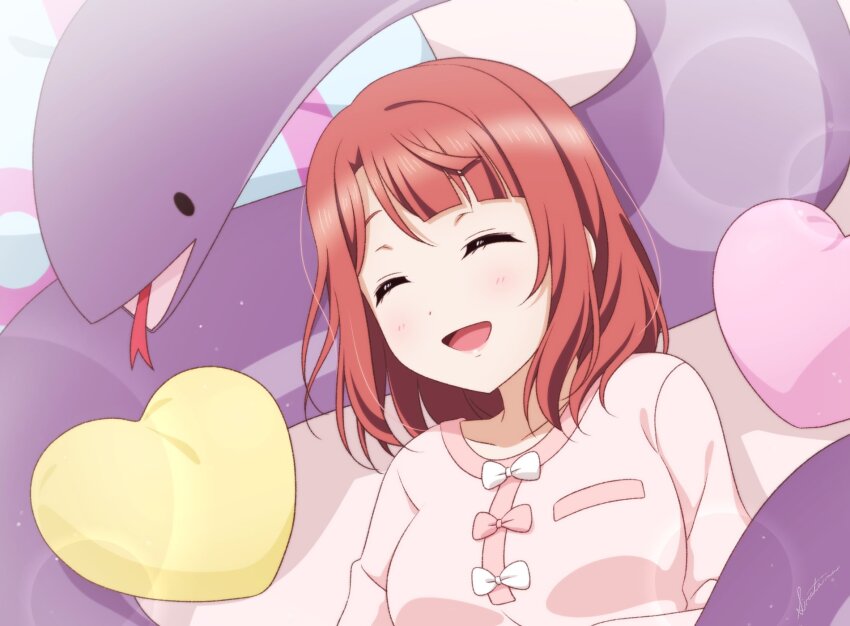 1girl ^_^ animal artist_name blunt_bangs bow breast_pocket breasts closed_eyes commentary heart heart-shaped_pillow highres light_blush light_particles long_sleeves love_live! love_live!_nijigasaki_high_school_idol_club lying medium_breasts on_back open_mouth orange_hair oversized_animal pillow pink_shirt pocket sasuke_(love_live!) shiratama_(siratama_ll) shirt shirt_bow signature smile snake solid_oval_eyes split_mouth swept_bangs uehara_ayumu