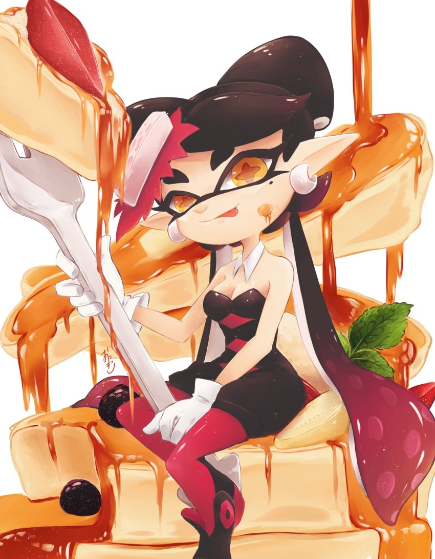 +_+ :p artist_name black_hair black_jumpsuit black_shoes blueberry breasts brown_eyes callie_(splatoon) callie_(squid_sisters_outfit)_(splatoon) closed_mouth collar commentary detached_collar earrings food food_on_face food_on_head fruit gloves gradient_hair highres holding holding_spoon inkling jewelry jumpsuit licking_lips long_hair looking_at_viewer medium_breasts mole mole_under_eye multicolored_hair nintendo object_on_head okome_2g2g oversized_object pancake pantyhose pointy_ears red_hair red_pantyhose shoes short_jumpsuit signature sitting smile solo splatoon_(series) splatoon_1 spoon strapless strawberry swept_bangs symbol-only_commentary syrup tentacle_hair tongue tongue_out very_long_hair white_background white_collar white_gloves wing_collar