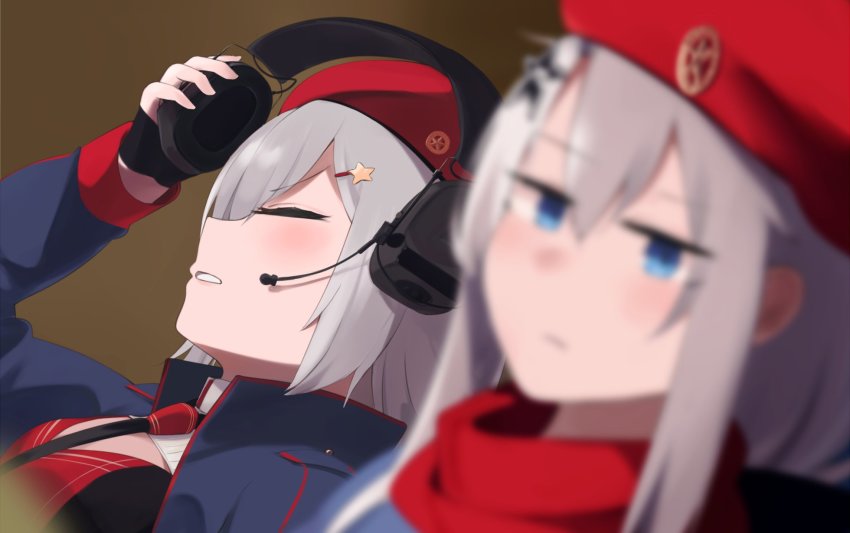 2girls 9a-91_(girls&#039;_frontline) beret blue_dress blue_eyes blurry blush brown_background depth_of_field dress empty_eyes expressionless fingerless_gloves girls&#039;_frontline gloves hat headphones headset headset_removed highres hinami047 leaning_back meme mourinho_disgust_(meme) multiple_girls ots-12_(girls&#039;_frontline) parody red_headwear red_scarf scarf short_hair star_(symbol) upper_body white_hair