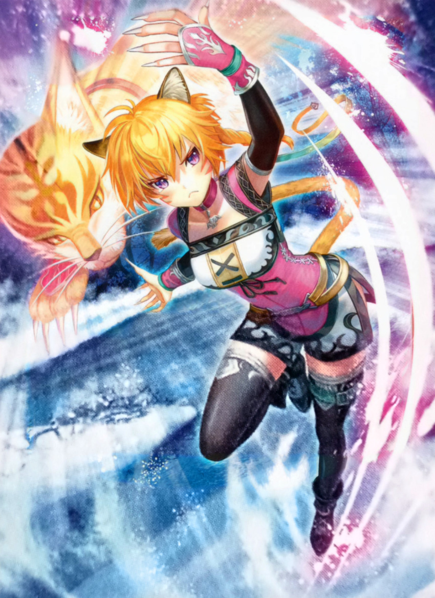 1girl animal_ears belt cat_ears cat_girl claws collar facepaint facial_mark fire_emblem fire_emblem:_radiant_dawn fire_emblem_cipher frown hand_guard highres laguz_(fire_emblem) lyre_(fire_emblem) nintendo o-ring o-ring_belt official_art orange_hair orange_tail pink_collar purple_eyes rainbow_ribbon shorts side_slit side_slit_shorts siro_(asteblanc) slashing solo thigh_belt thigh_strap thighhighs transformation whisker_markings zettai_ryouiki