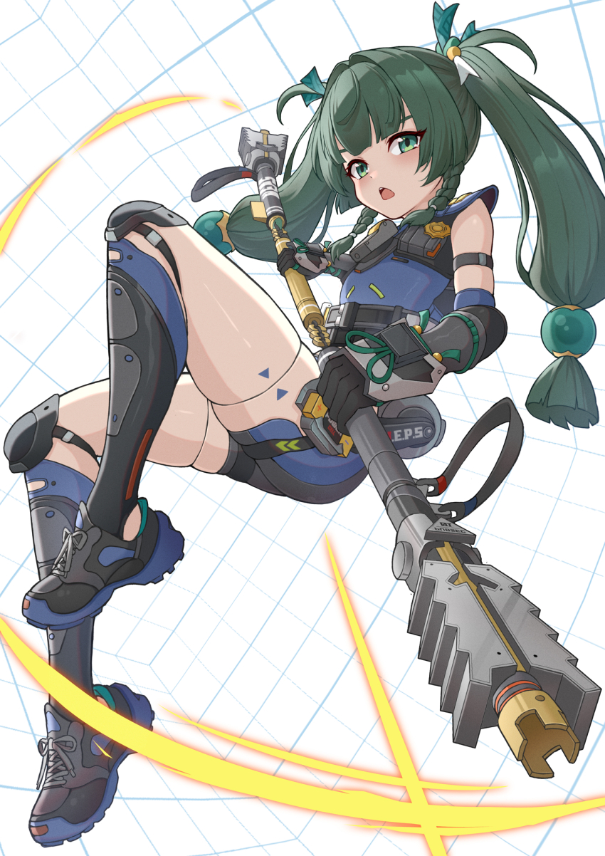 1girl agiri_(agiri_box) android black_gloves blunt_bangs blush full_body gloves green_eyes green_hair highres holding holding_weapon long_hair looking_at_viewer open_mouth qingyi_(zenless_zone_zero) sidelocks solo teeth twintails upper_teeth_only weapon zenless_zone_zero