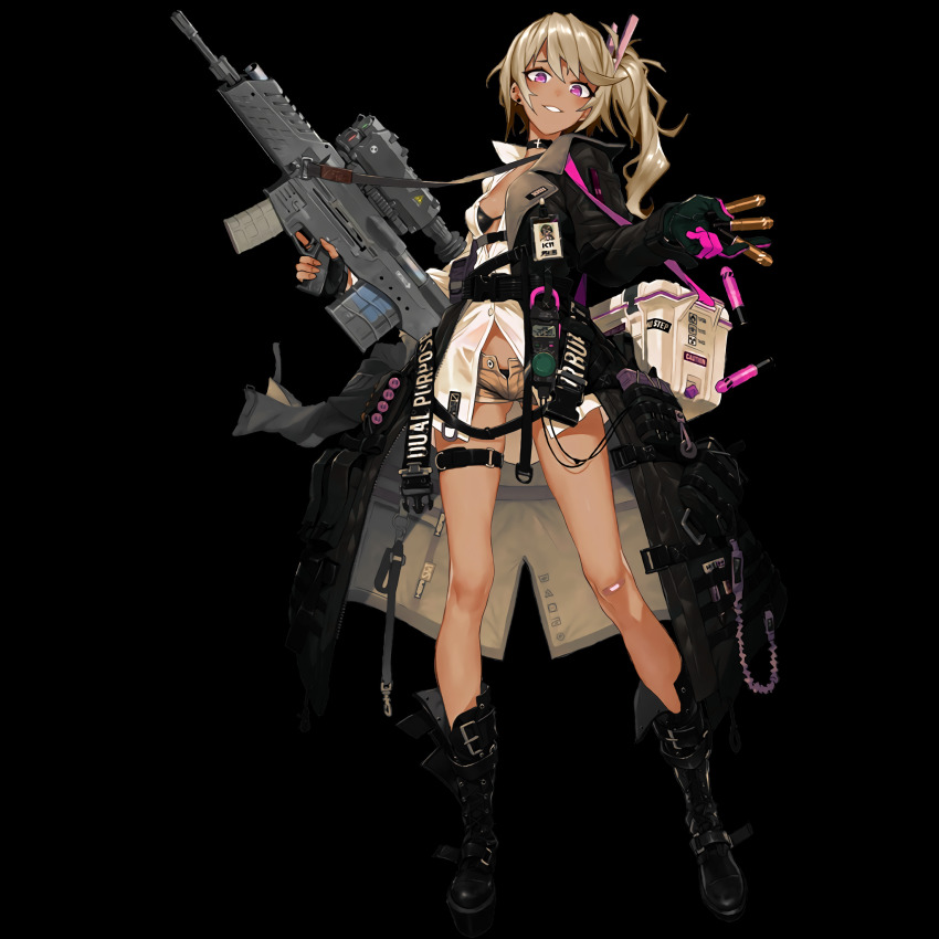 1girl 20x30mm_lv 20x30mm_lv_heab_k167 20x30mm_lv_p_k168 airburst_grenade_launcher airburst_round alternate_color ammunition anti-materiel_cartridge assault_rifle bandaid belt bikini black_bikini black_boots black_gloves blonde_hair blouse bolt-action_grenade_launcher bolt_action boot_straps boots breasts brown_shorts buckle bullpup burst_fire_gun burst_fire_rifle cable cannon_cartridge carbine clothes_pin clothes_writing coat computerized_scope cooler daewoo_k11 dark-skinned_female dark_skin denim denim_shorts earrings explosive female_focus fingerless_gloves fragmentation_grenade fragmentation_warhead girls&#039;_frontline gloves grenade grenade_cartridge grenade_launcher gun hazard_symbol head_tilt high-explosive_airburst_round high-explosive_cartridge highres holding holding_gun holding_weapon id_card jewelry k11_(girls&#039;_frontline) knee_boots lace-up_boots ladic leather_choker long_coat long_hair long_shirt long_sleeves medium_breasts messy_hair military_cartridge multi-weapon multimeter multiple-barrel_gun multiple_straps name_tag off_shoulder official_art open_clothes open_coat open_fly open_shirt parted_lips personification pouch practice_round precision-guided_firearm precision-guided_munition purple_eyes radiation_symbol rifle scope see-through_clothes shells shirt short-barreled_rifle short_shorts shorts side_ponytail sidelocks sight_(weapon) single_earring single_fingerless_glove skindentation smart_grenade smart_scope smirk solo standing stomach subsonic_ammunition swimsuit telescopic_sight thermal_weapon_sight thigh_strap thighs third-party_edit transparent_background trench_coat trigger_discipline underbarrel_assault_rifle underbarrel_rifle weapon white_shirt