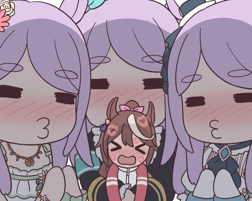 &gt;_&lt; 2girls :o =_= animal_ears bow brown_hair character_doll doqute_stuffed_doll hair_bow hair_ornament hickey horse_ears horse_girl kiss mejiro_mcqueen_(end_of_sky)_(umamusume) mejiro_mcqueen_(ripple_fairlady)_(umamusume) mejiro_mcqueen_(umamusume) multicolored_hair multiple_girls nekoyanagi_reo official_alternate_costume pink_bow ponytail purple_hair streaked_hair swept_bangs tokai_teio_(umamusume) tracen_training_uniform umamusume