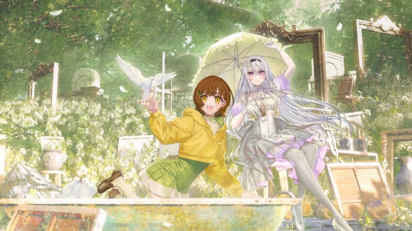 2girls :d arm_up back_bow bird black_hairband blush bow bowtie breasts brown_footwear brown_hair cleavage closed_mouth clothing_cutout commentary_request cropped_hoodie dot_nose double-parted_bangs dove dress dress_flower easel eyelashes eyes_visible_through_hair facing_viewer fingernails floating_hair flower gloves green_shorts grey_bow grey_dress grey_hair grey_pantyhose hair_between_eyes hair_flower hair_ornament hairband hairclip hand_up high-waist_shorts high_heels highres holding holding_umbrella hood hood_down hoodie kippu kneehighs large_bow layered_dress lilja_meri lilja_to_natsuka_no_junpaku_na_uso loafers long_bangs long_hair long_sleeves looking_at_animal looking_at_viewer looking_to_the_side multicolored_dress multiple_girls official_art open_mouth outdoors pantyhose parasol parted_hair picture_frame puffy_short_sleeves puffy_sleeves purple_dress purple_eyes purple_sleeves ribbed_shirt ribbed_socks see-through_cleavage see-through_clothes shirt shoes short_hair short_sleeves shorts sleeveless sleeveless_shirt smile socks sunlight teeth umbrella upper_teeth_only utsugi_natsuka vase white_bow white_bowtie white_dress white_flower white_footwear white_gloves white_shirt white_socks wind yellow_eyes yellow_hoodie yellow_umbrella