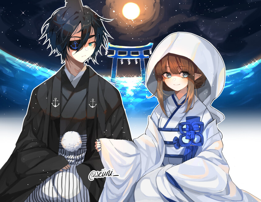 1boy 1girl black_kimono blue_sash blunt_bangs bride brown_hair commentary couple double-parted_bangs english_commentary eyepatch funamusea green_eyes grey_eyes groom hair_between_eyes haori hetero highres husband_and_wife japanese_clothes kimono moon obi ocean oounabara_to_wadanohara panorama pointy_ears samekichi_(funamusea) sash seiini shark_boy shark_fin shide shiromuku short_hair sidelocks torii uchikake wadanohara wataboushi white_kimono wide_sleeves