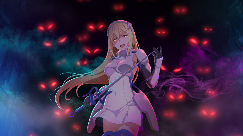 1girl :d aiz_wallenstein anime_coloring armor black_gloves blonde_hair boobplate breastplate breasts colored_smoke covered_navel danmachi_battle_chronicle dress dungeon_ni_deai_wo_motomeru_no_wa_machigatteiru_darou_ka elbow_gloves evil_smile eyes_in_shadow faulds game_cg gloves glowing glowing_eyes grey_hairband hairband highres holding holding_sword holding_weapon long_hair medium_breasts metal_hairband non-web_source official_art open_mouth pauldrons red_eyes shaded_face short_dress shoulder_armor sidelocks sleeveless sleeveless_dress smile smoke solo sword tight_clothes tight_dress vambraces weapon white_dress yellow_eyes
