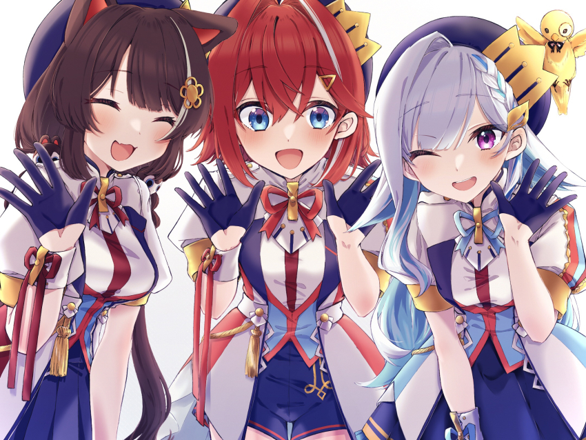3girls :d ^_^ ange_katrina animal_ears animal_hair_ornament ayuko_ammobium beret bird blue_eyes blue_gloves blue_hair blue_hat blue_ribbon blue_shorts blue_skirt blush braid breasts brown_hair closed_eyes colored_inner_hair colored_lapels commentary_request crossed_bangs crown_hat_ornament dog_ears flower gloves group_picture hair_between_eyes hair_flower hair_ornament half_gloves hand_up hands_up hat highres idol_clothes inui_toko jacket leaning_forward lize_helesta long_hair long_sidelocks looking_at_viewer medium_breasts medium_hair monocle multicolored_hair multiple_girls neck_ribbon nijisanji one_eye_closed open_mouth pleated_skirt puffy_short_sleeves puffy_sleeves purple_eyes red_hair red_ribbon ribbon sanbaka_(nijisanji) sanbaka_anniversary_outfit sebastian_piyodore short_sleeves shorts sidelocks simple_background single_hair_intake single_sidelock single_wrist_cuff skirt small_breasts smile streaked_hair tassel teeth triangle_hair_ornament two-tone_hair upper_teeth_only very_long_hair virtual_youtuber waving white_background white_hair white_jacket white_wrist_cuffs wrist_cuffs wrist_ribbon yellow_bird