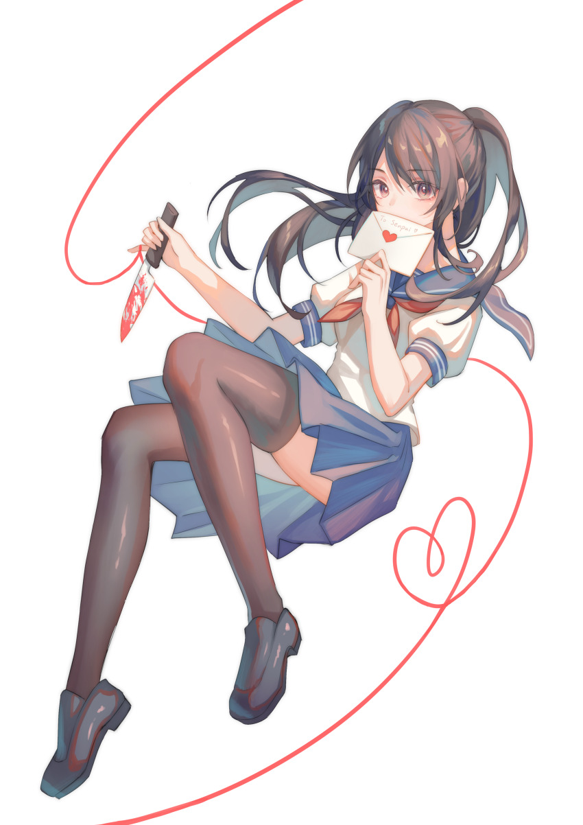 1girl absurdres ayano_aishi black_eyes black_hair black_shoes black_thighhighs blood bloody_knife blue_sailor_collar collared_shirt covered_mouth envelope heart heart_of_string highres holding holding_envelope holding_knife holding_weapon kiriyume knife looking_at_viewer neckerchief ponytail red_neckerchief sailor_collar school_uniform serafuku shirt shoes short_sleeves simple_background solo string striped_clothes striped_collar striped_sleeves thighhighs weapon white_background white_serafuku yandere_simulator zettai_ryouiki