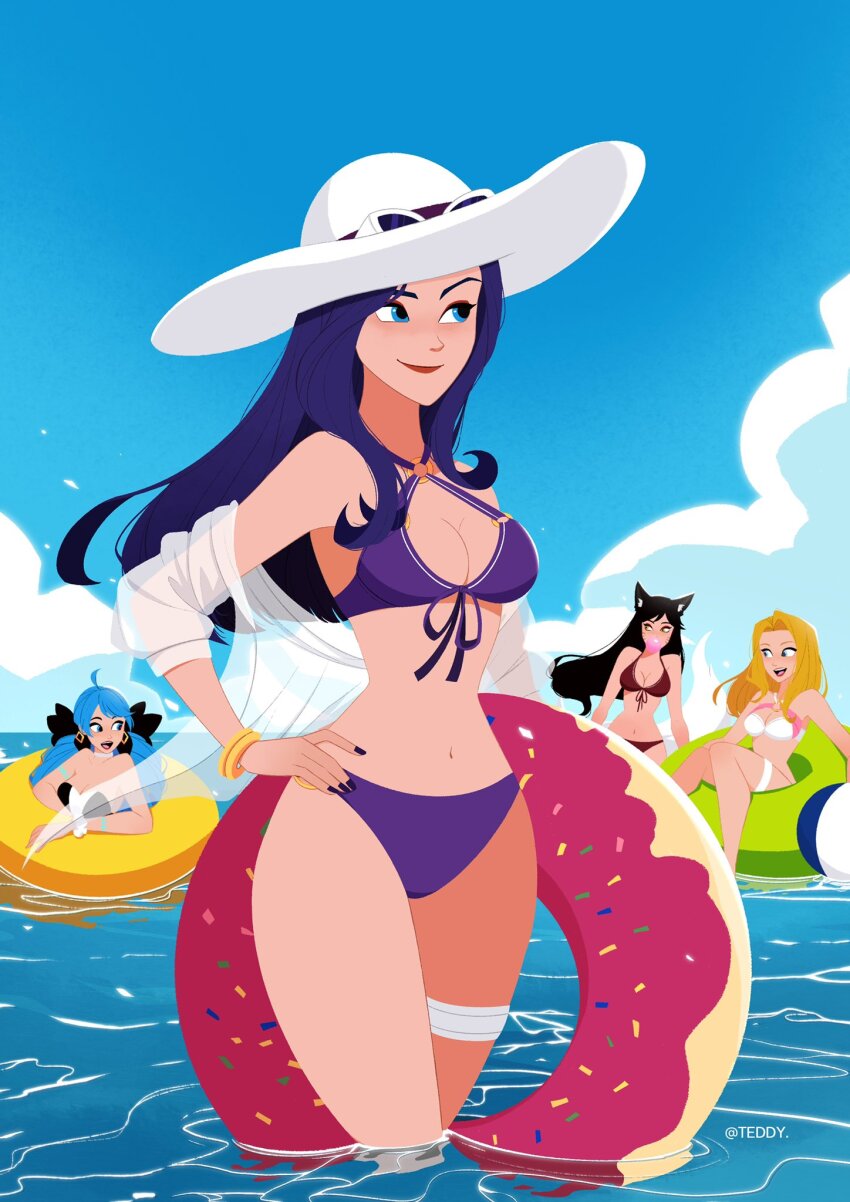 4girls ahri_(league_of_legends) animal_ears artist_name ball beachball bikini black_bow black_hair blonde_hair blue_eyes bow breasts caitlyn_(league_of_legends) chewing_gum cleavage day donut_innertube drill_hair fox_ears fox_girl fox_tail green_innertube gwen_(league_of_legends) hair_bow hat highres holding holding_swim_ring inflatable_toy innertube jewelry league_of_legends long_hair lux_(league_of_legends) medium_breasts multiple_girls navel o-ring open_clothes outdoors pool_party_(league_of_legends) pool_party_caitlyn purple_bikini purple_hair red_bikini smile sun_hat swim_ring swimsuit tail teddy_teddd twin_drills water yellow_innertube