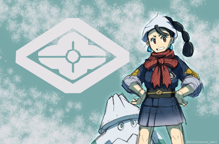 aged_down black_hair black_sash blue_kimono bow brown_eyes clenched_teeth clover_(pokemon) cowboy_shot fur-trimmed_sleeves fur_trim galaxy_expedition_team_survey_corps_uniform game_freak gen_4_pokemon hand_on_own_hip headscarf highres japanese_clothes kimono long_sleeves looking_at_viewer multi-tied_hair nintendo pokemon pokemon_(creature) pokemon_legends:_arceus ponytail red_scarf sash scarf scarf_bow short_kimono sketch snover teeth terminal_emil v-shaped_eyebrows white_headscarf