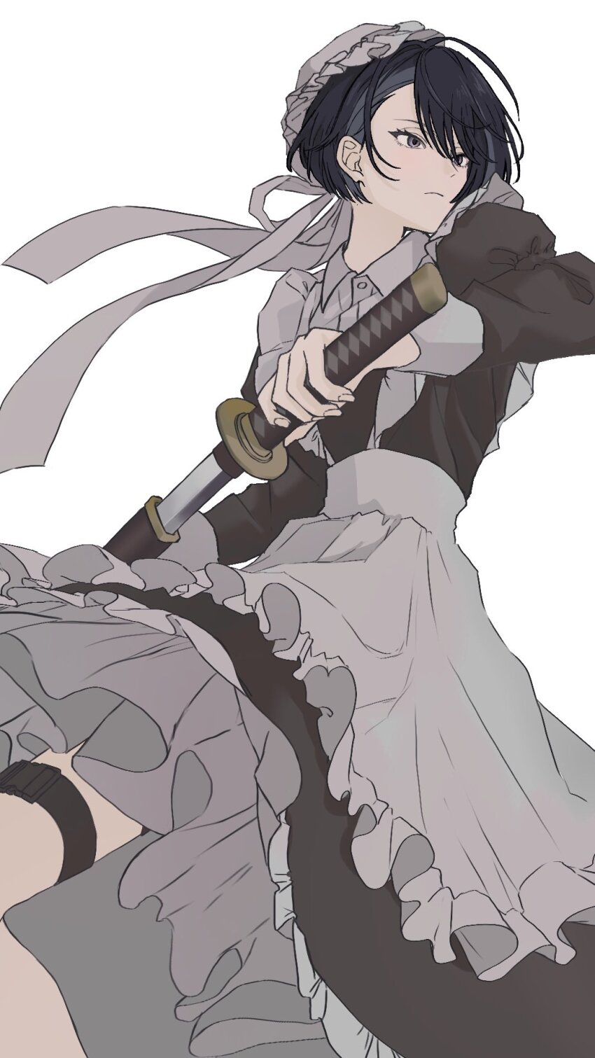 18trip 1boy apron belt black_belt black_dress black_hair collared_shirt commentary cowboy_shot crossdressing dress frilled_dress frills garter_belt grey_eyes hair_between_eyes hair_ribbon hand_up highres holding holding_sword holding_weapon kaguya_muneuji long_ribbon looking_to_the_side maid maid_apron maid_headdress male_focus puffy_sleeves ribbon rym1nonqmg2957 shirt short_hair simple_background sword weapon white_background white_ribbon