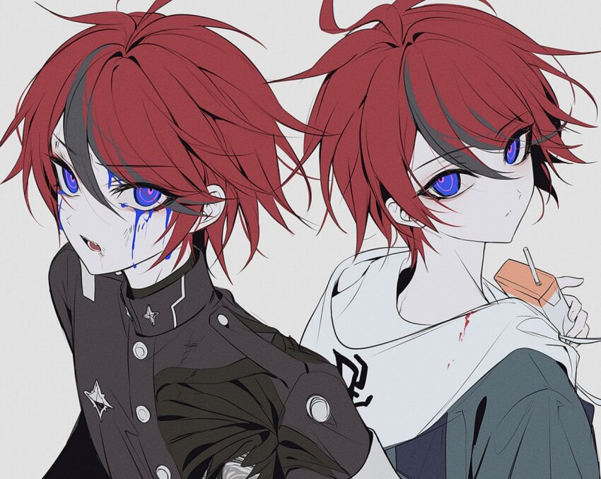 1boy 4ro_1011 armband black_jacket blood bloody_tears blue_blood blue_eyes grey_background hand_up holding_juice_box hole_in_chest hole_on_body hood hoodie jacket last_defense_academy_school_uniform looking_at_viewer male_focus multicolored_hair multiple_views open_mouth red_hair school_uniform short_hair simple_background streaked_hair sumino_takumi teeth the_hundred_line_-last_defense_academy- white_armband white_hoodie