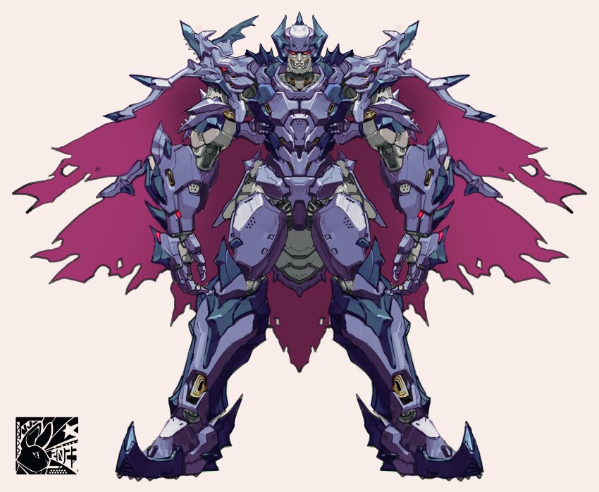2023 absurdres beast_wars beast_wars:_transformers brown_background cape highres korean_commentary looking_at_viewer mar10 mecha megatron megatron_(beast_wars) no_humans purple_cape red_eyes redesign robot science_fiction solo star_(symbol) straight-on transformers