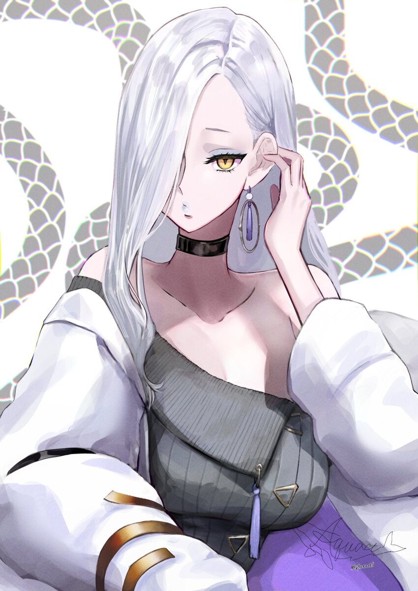 1girl absurdres aquact bare_shoulders blue_lips breasts choker cleavage collarbone dress earrings eyeliner fate/grand_order fate_(series) grey_dress hair_over_one_eye highres hoop_earrings jacket jewelry large_breasts long_hair long_sleeves looking_at_viewer makeup off_shoulder mrs._snake_(fate) puckered_lips solo sweater sweater_dress tassel white_hair white_jacket yellow_eyes