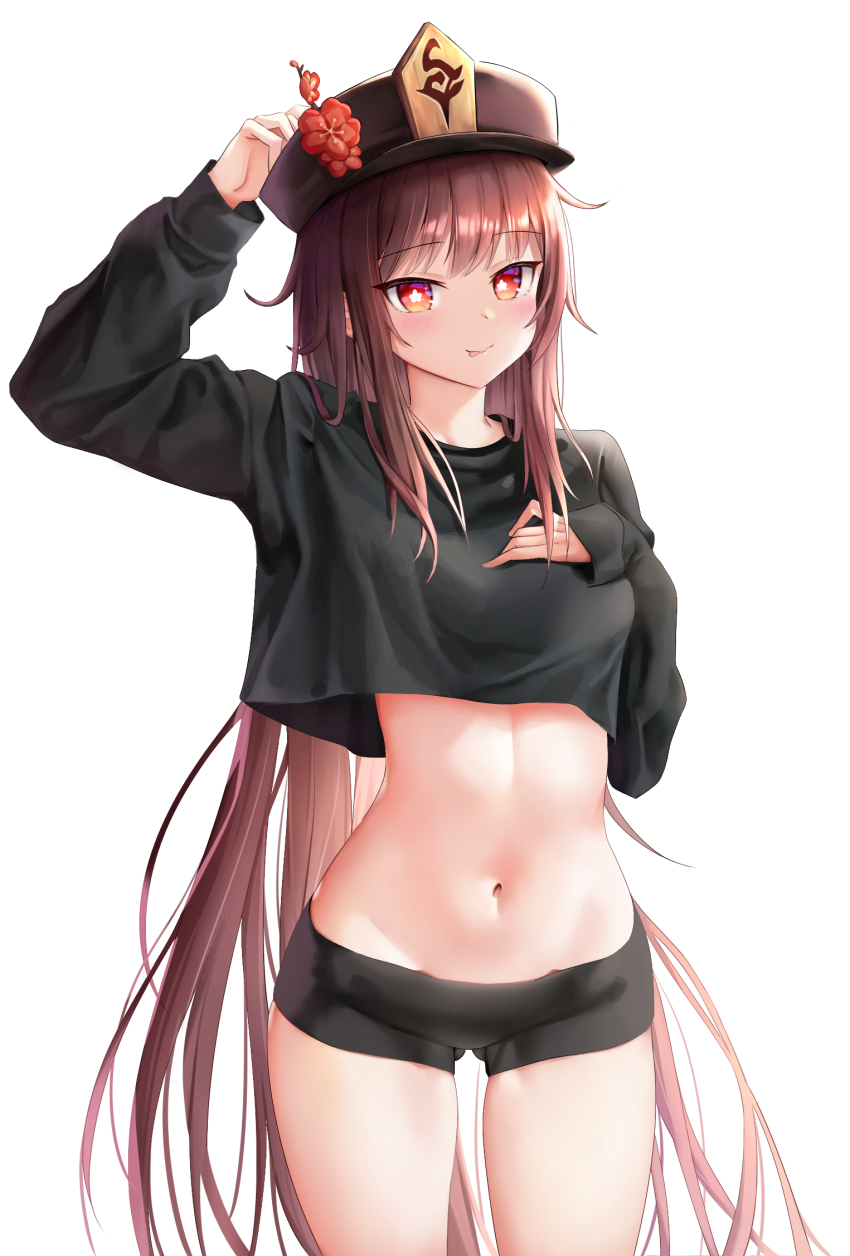 1girl arm_up black_hat black_shirt black_shorts breasts brown_hair closed_mouth cowboy_shot crop_top crop_top_overhang flower genshin_impact gluteal_fold hair_down hand_on_own_chest hat hat_flower highres hu_tao_(genshin_impact) long_hair long_sleeves looking_at_viewer micro_shorts midriff navel plum_blossoms rable red_eyes shirt short_shorts shorts simple_background small_breasts smile solo star-shaped_pupils star_(symbol) stomach symbol-shaped_pupils thighs tongue tongue_out very_long_hair white_background