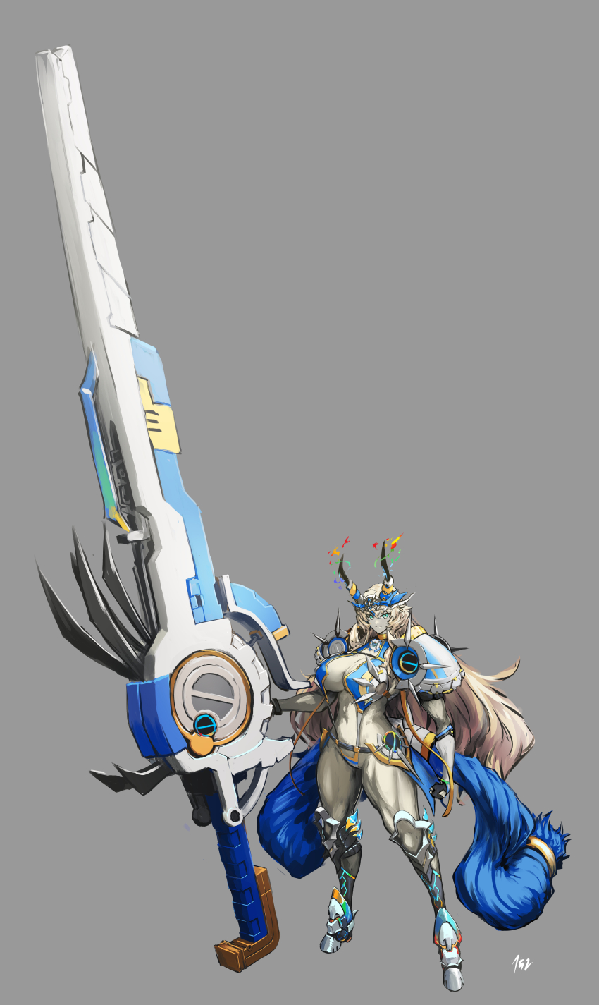152_in_can 1girl absurdres armor barghest_(fate) barghest_(swimsuit_archer)_(third_ascension)_(fate) black_gloves blonde_hair breasts cannon cleavage fate/grand_order fate_(series) full_body gloves green_eyes grey_background highres holding_cannon horns large_breasts long_hair looking_at_viewer muscular muscular_female shoulder_armor slingshot_swimsuit smile solo spiked_armor swimsuit