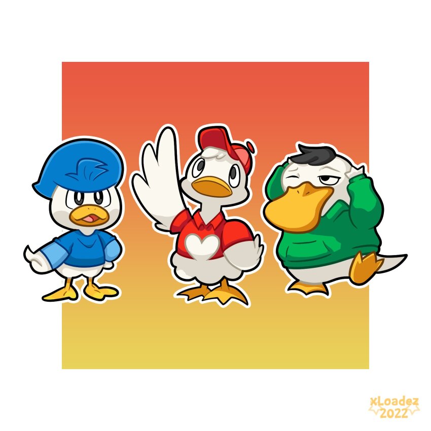 bird blue_headwear blue_shirt dewey_duck duck ducklett ducktales gen_1_pokemon gen_5_pokemon green_shirt hat highres huey_duck louie_duck mickey_mouse_&amp;_friends nintendo no_humans one_eye_closed outline pokemon psyduck quaxly red_headwear red_shirt shirt simple_background white_outline xloadez