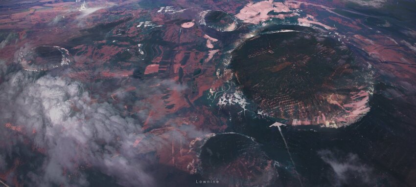 above_clouds artist_name b-2_spirit cloud contrail crater day from_above highres landscape no_humans original outdoors red_soil rounin_(amuza) scenery