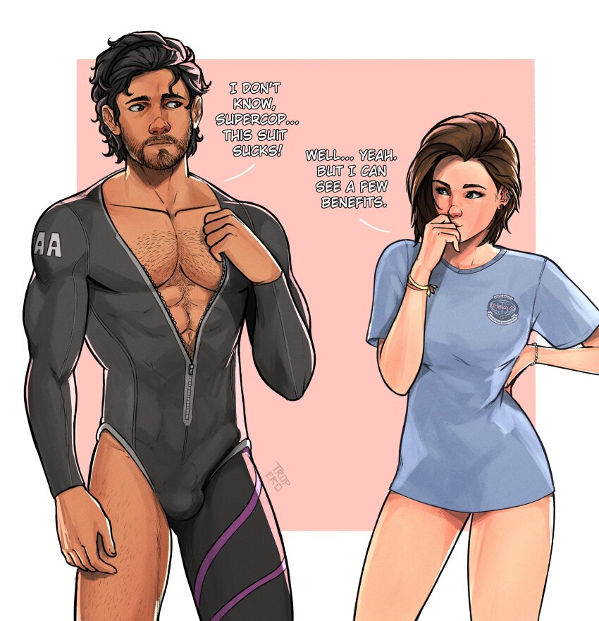 1boy 1girl abs absurdres asymmetrical_clothes beard black_bodysuit black_hair blue_eyes blue_shirt bodysuit border breasts brown_eyes brown_hair bulge capcom carlos_oliveira chest_hair commentary couple dark-skinned_male dark_skin english_commentary english_text facial_hair hand_on_own_hip height_difference hetero highres interracial jill_valentine large_pectorals leg_hair looking_at_another medium_breasts muscular muscular_male naked_shirt naughty_face partially_unzipped pectoral_cleavage pectorals pink_background resident_evil resident_evil:_revelations resident_evil_3:_nemesis resident_evil_3_(remake) shirt short_hair single_pantsleg standing t-shirt tropero white_border
