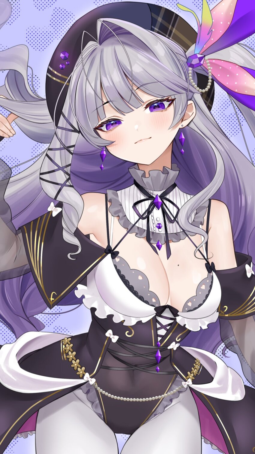 1girl beret black_hat black_leotard black_ribbon bow breasts closed_mouth covered_navel earrings gem_hair_ornament grey_hair hair_ribbon hat highres jewelry k_(art71) leotard long_hair mole mole_on_breast pantyhose plaid_hat purple_eyes reigetsu_kyouka ribbon second-party_source see-through_clothes see-through_sleeves solo twinkle_colors_project virtual_youtuber white_bow white_pantyhose