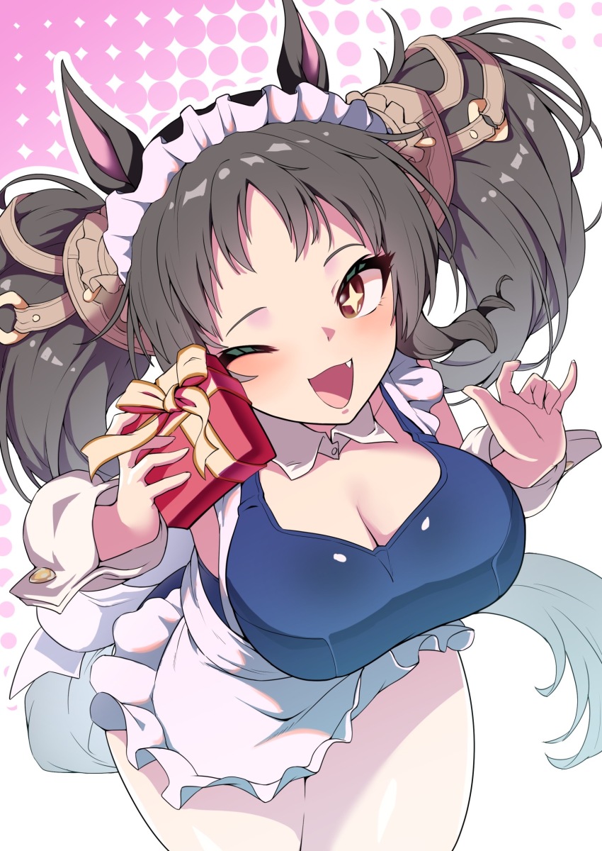 +_+ 1girl absurdres alternate_costume animal_ears apron black_hair blush breasts cleavage collarbone commentary_request fang hair_ornament headband hekahire_isurus highres horse_ears horse_girl horse_tail looking_at_viewer marvelous_sunday_(umamusume) one_eye_closed open_mouth school_swimsuit simple_background solo swimsuit tail twintails umamusume yellow_eyes