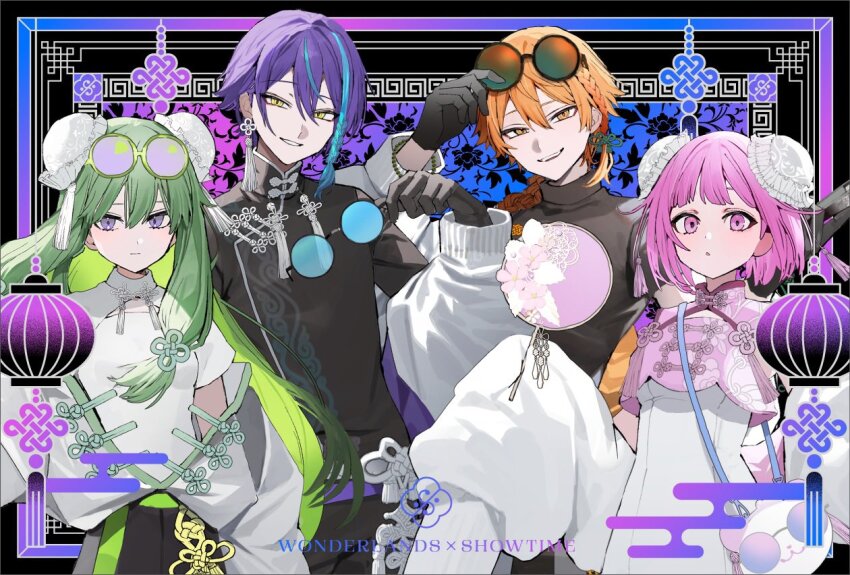 2boys 2girls bead_bracelet beads black_gloves blue-tinted_eyewear bracelet braid bun_cover china_dress chinese_clothes double_bun dress earrings egasumi english_text eyewear_on_head gloves green_eyes hair_between_eyes hair_bun hand_fan high_collar jewelry kamishiro_rui kusanagi_nene lantern long_hair looking_at_viewer medium_hair multicolored_hair multiple_boys multiple_girls ootori_emu orange_eyes orange_hair pink_eyes pink_hair project_sekai purple-tinted_eyewear purple_eyes purple_hair round_eyewear sakusya2honda sleeves_past_fingers sleeves_past_wrists smile streaked_hair tassel tassel_earrings tenma_tsukasa tinted_eyewear tuanshan wide_sleeves yellow_eyes