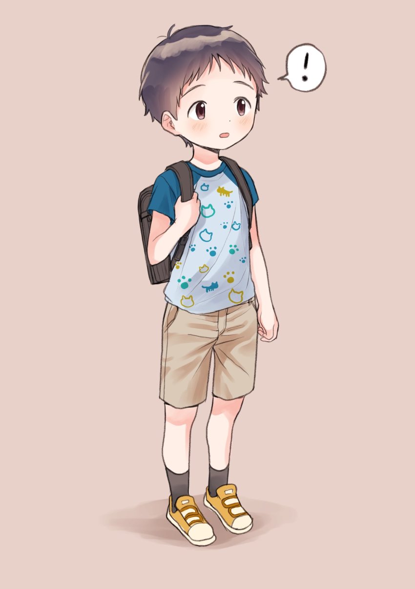 ! 1boy :o animal_print antenna_hair backpack bag black_hair black_socks blue_shirt blush brown_background brown_eyes brown_shorts cat_print cat_shirt child dot_nose from_above from_side full_body highres male_focus multicolored_socks open_mouth original paw_print paw_print_pattern piko_(pixiv) print_shirt red_socks shirt shoes short_hair shorts simple_background socks solo speech_bubble spoken_exclamation_mark standing strap_pull velcro velcro_footwear yellow_shoes