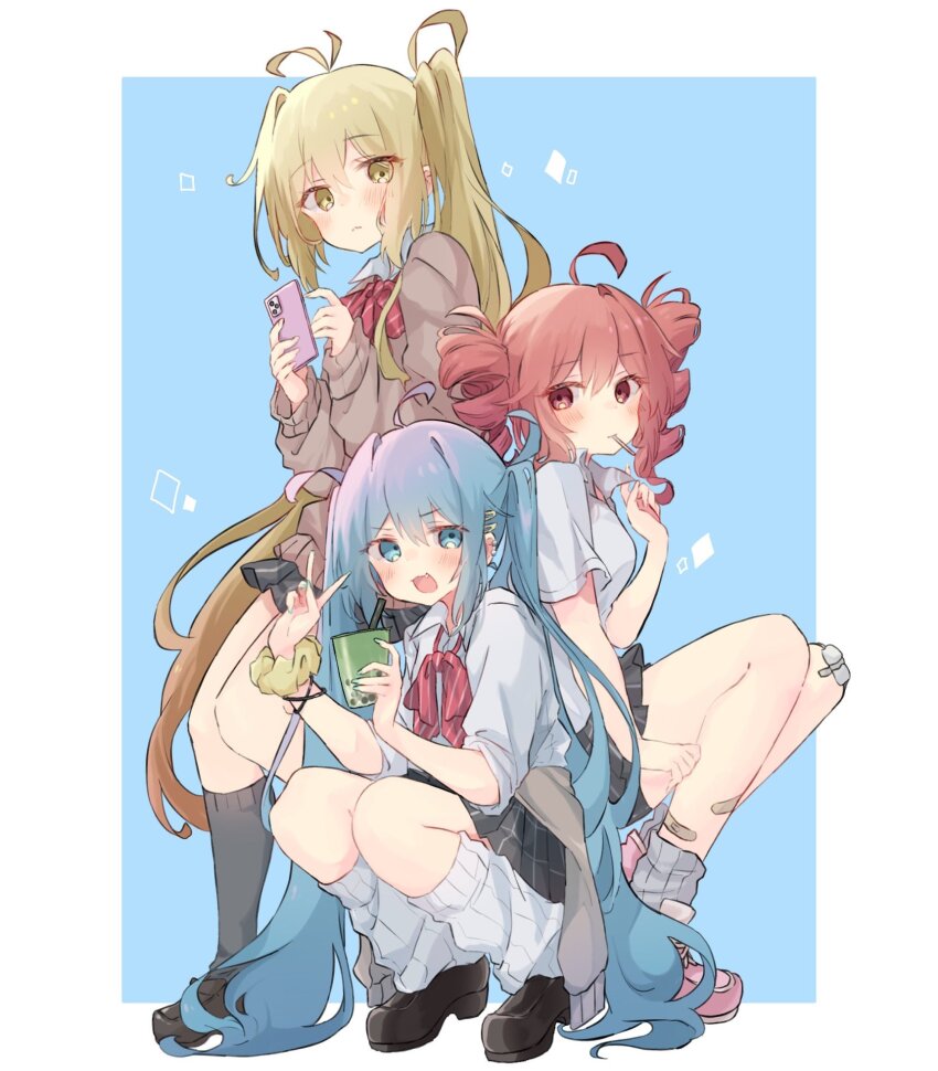 3girls :3 ahoge akita_neru aqua_eyes aqua_hair aqua_nails bandage_on_knee bike_shorts_under_skirt black_socks blonde_hair blue_background blush borrowed_design bow brown_cardigan bubble_tea candy cardigan cardigan_around_waist cellphone clothes_around_waist collared_shirt diagonal-striped_bow drill_hair ear_piercing fang flip_phone food full_body grey_socks gyaru hair_ornament hairclip hatsune_miku highres jewelry kasane_teto kneehighs kogal loafers lollipop long_hair looking_at_viewer loose_socks multiple_girls necktie nekonika_(e102k) open_mouth phone piercing red_eyes red_hair school_uniform scrunchie shirt shoes short_sleeves side_ponytail simple_background skirt sleeves_rolled_up sneakers socks squatting triple_baka_(vocaloid) triple_ryuunen twin_drills twintails utau v vocaloid white_socks wrist_scrunchie yellow_eyes yellow_scrunchie