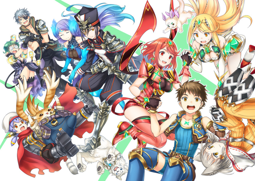2boys 6+girls android animal_ears armor black_hair blonde_hair blunt_bangs bodysuit breasts brighid_(xenoblade) cat_ears closed_eyes collarbone commentary_request covered_navel dromarch_(xenoblade) earrings fingerless_gloves fire gem gloves grey_hair hat headpiece jewelry large_breasts long_hair looking_at_viewer medium_breasts military military_hat military_uniform mizuki_riko morag_ladair_(xenoblade) multiple_boys multiple_girls mythra_(xenoblade) nia_(xenoblade) open_mouth pandoria_(xenoblade) pauldrons poppi_(xenoblade) poppi_alpha_(xenoblade) purple_hair pyra_(xenoblade) red_eyes red_hair red_shorts revision rex_(xenoblade) ribbon short_hair shorts shoulder_armor simple_background smile swept_bangs tiara tora_(xenoblade_2) white_background white_gloves xenoblade_chronicles_(series) xenoblade_chronicles_2 yellow_eyes
