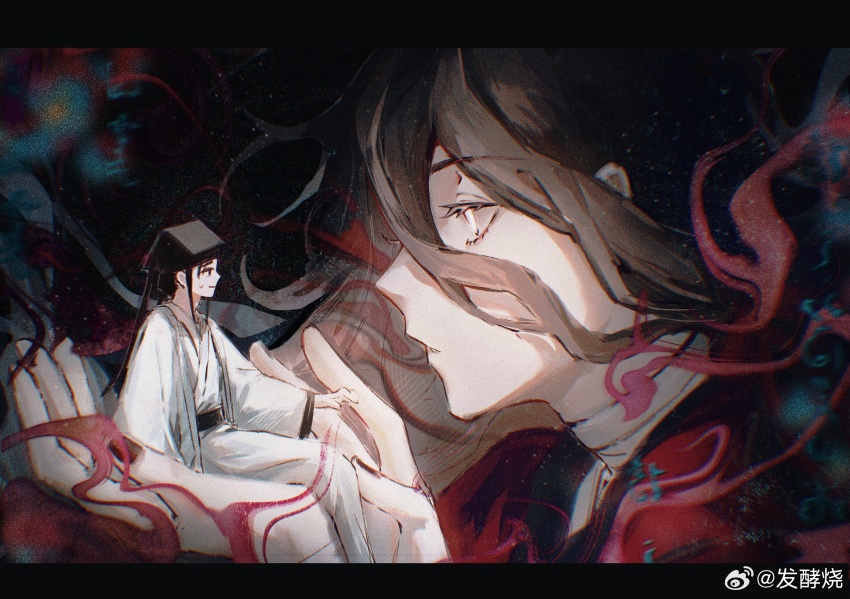 2boys bandaged_arm bandaged_neck bandages black_background black_eyes black_hair black_hat black_nails brown_hair chinese_clothes chinese_commentary closed_mouth dao_gui_yi_xian eyelashes fajiaoshao floating_hair from_side giant hanfu hat hat_ribbon highres ji_zai jin_(headwear) letterboxed li_huowang long_hair long_sleeves looking_at_another male_focus mini_person miniboy multiple_boys nail_polish official_alternate_hair_length official_alternate_hairstyle parted_bangs profile red_hanfu ribbon robe sash sitting sitting_on_hand sweatdrop updo upper_body very_long_hair watermark weibo_watermark white_eyes white_hanfu wide_sleeves yaoi zhouzi_jin_(headwear) zhuge_yuan