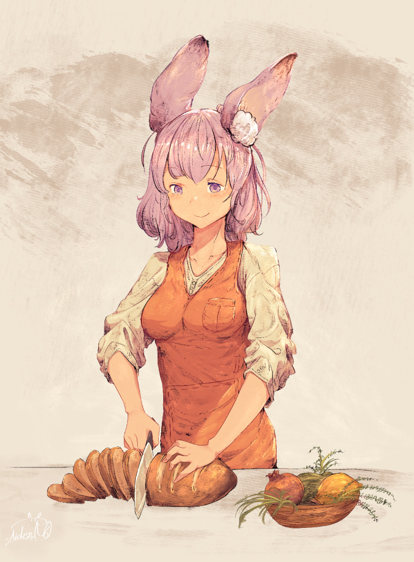 1girl aliasing animal_ear_fluff apron artist_name blush bread breast_pocket breasts closed_mouth collarbone cooking cutting female_focus food fruit grey_background hai_to_gensou_no_grimgar happy highres holding holding_knife kitchen_knife knife lemon light_blush loaf_of_bread matching_hair/eyes medium_breasts pocket pomegranate purple_eyes purple_hair rabbit_ears rabbit_girl red_apron shihoru_(grimgar) shirt short_hair sidelocks signature simple_background sleeves_rolled_up smile solo spindle_(aidenr0) standing upper_body white_shirt