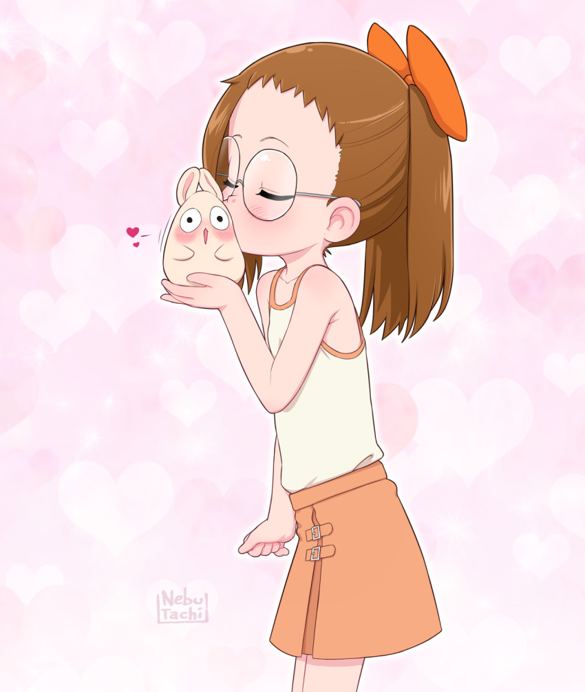 1girl animal arm_up armpit_crease artist_name bare_shoulders blush bow brown_hair camisole child closed_eyes commentary cowboy_shot english_commentary flat_chest from_side fujiwara_hazuki glasses hair_bow heart heart_background highres holding holding_animal kiss kissing_animal long_hair mixed-language_commentary ojamajo_doremi orange_bow orange_skirt pink_background pinkbunnyjuice ponytail rabbit round_eyewear short_bangs single_sidelock skirt solo white_camisole