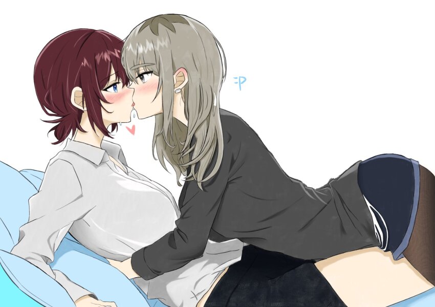 2girls black_pantyhose black_shirt black_shorts blue_eyes blue_shorts blush breasts brown_hair collared_shirt commentary dress_shirt ear_blush earclip english_commentary eye_contact french_kiss girls_band_cry grey_eyes grey_hair heart iseri_nina kawaragi_momoka kiss long_hair long_sleeves looking_at_another low_twintails medium_breasts midriff_peek momokan_1209 multicolored_hair multiple_girls pantyhose pantyhose_under_shorts roots_(hair) saliva shirt short_hair short_twintails shorts sidelocks simple_background twintails white_background white_shirt yuri