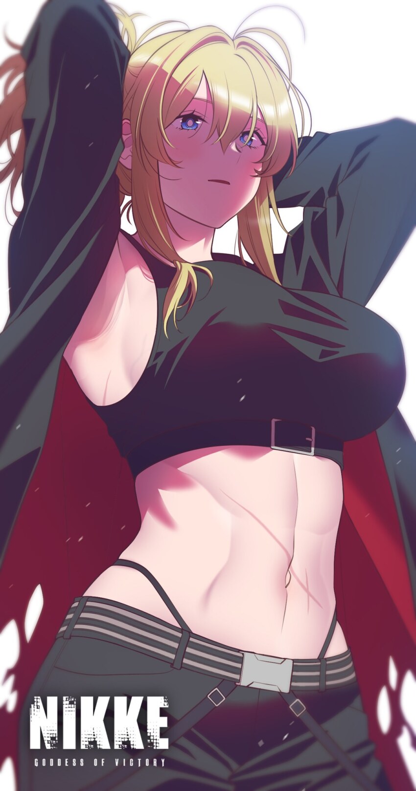 1girl abs andrian_januar_adilia armpits arms_behind_head arms_up black_jacket black_shorts black_sports_bra blonde_hair blue_eyes breasts commentary copyright_name cowboy_shot english_commentary goddess_of_victory:_nikke grave_(nikke) hair_between_eyes highres jacket large_breasts long_hair looking_at_viewer midriff navel open_clothes open_jacket parted_lips ponytail shade shorts sidelocks simple_background solo sports_bra standing white_background