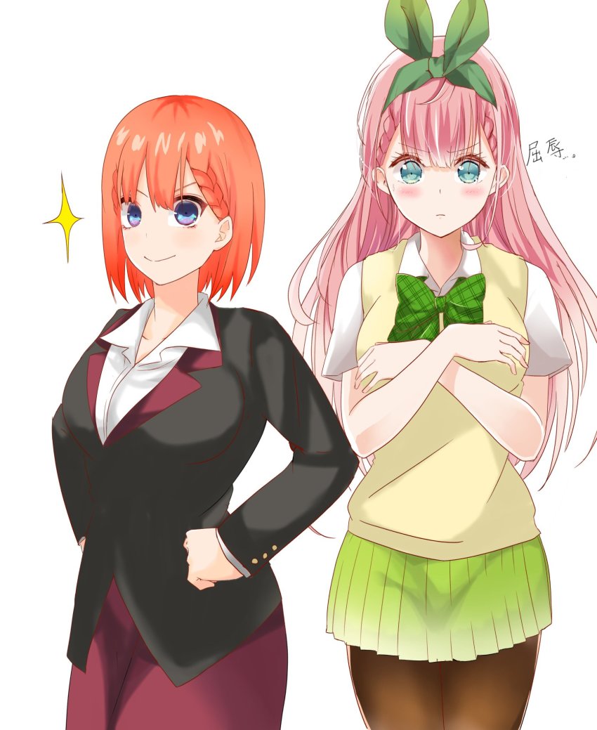 2girls aqua_eyes blue_eyes blush bokutachi_wa_benkyou_ga_dekinai bow braid breasts brown_jacket collarbone cosplay costume_switch covering_breasts covering_privates crossover dress_shirt go-toubun_no_hanayome green_ribbon green_skirt hair_ribbon hairband highres jacket jewelry kirisu_mafuyu kirisu_mafuyu_(cosplay) large_breasts long_hair multiple_girls nakano_yotsuba orange_hair pantyhose pencil_skirt pink_hair ribbon school_uniform shirt short_hair short_sleeves skirt smile sweater_vest