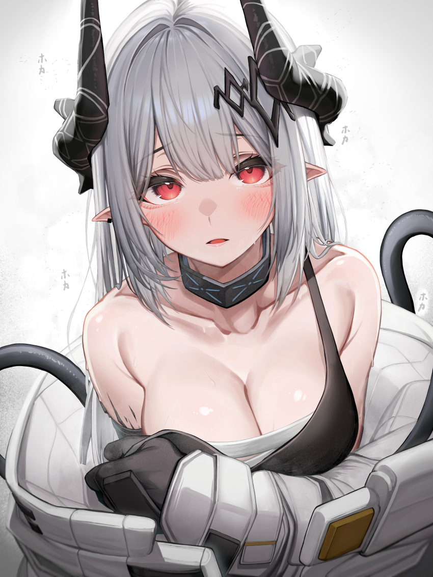 1girl absurdres arknights black_horns black_sports_bra blush breasts chest_sarashi collarbone commentary_request grey_hair hair_intakes highres horns infection_monitor_(arknights) large_breasts long_hair looking_at_viewer material_growth mudrock_(arknights) mudrock_(elite_ii)_(arknights) open_jumpsuit open_mouth oripathy_lesion_(arknights) pointy_ears red_eyes sarashi simple_background solo sports_bra strap_slip tab_head upper_body white_background