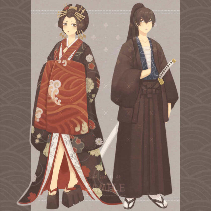 1boy 1girl black_kimono brown_eyes brown_hair brown_kimono commission datehyogo full_body hair_ornament highres iimia japanese_clothes kanzashi katana kimono koma-geta looking_at_viewer manaita_obi nihongami oiran original platform_clogs platform_sandals ponytail sandals standing sword weapon