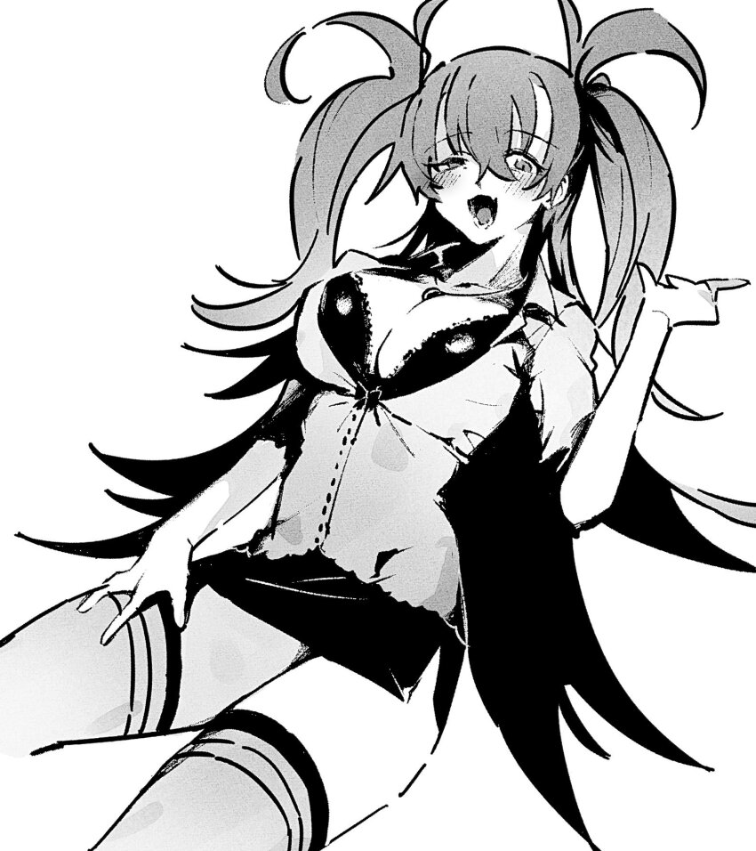 breasts buttons dr._arach greyscale hand_on_own_thigh hand_up highres large_breasts long_hair looking_at_viewer monochrome numuhe open_mouth partially_unbuttoned sketch striped_clothes striped_thighhighs thighhighs twintails zettai_ryouiki