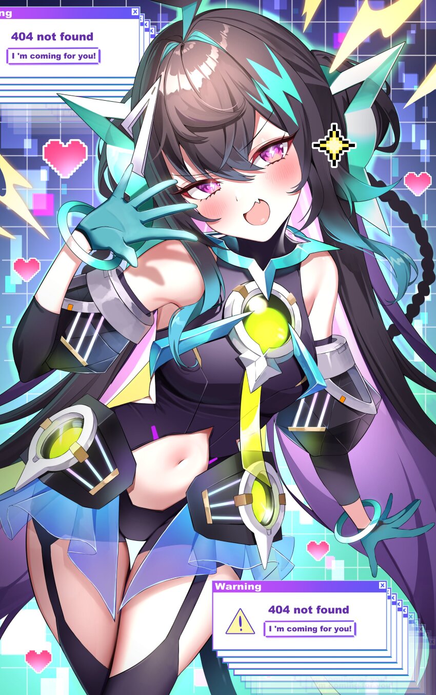 1girl 404 absurdres aqua_gloves aqua_hair bike_shorts_under_leotard black_hair black_leotard black_shorts black_sleeves black_thighhighs blush bracelet braid breasts clothing_cutout colored_inner_hair commentary detached_sleeves double_bun english_commentary error_message fang gawawawa gloves hair_bun heart highres http_status_code jewelry leotard lightning_ahoge lightning_bolt-shaped_pupils lightning_bolt_symbol long_hair looking_at_viewer multicolored_hair navel navel_cutout open_mouth overskirt purple_eyes purple_hair see-through_clothes see-through_skirt shorts skin_fang skirt small_breasts solo sparkle streaked_hair symbol-shaped_pupils terra_404 thighhighs v4mirai very_long_hair virtual_youtuber