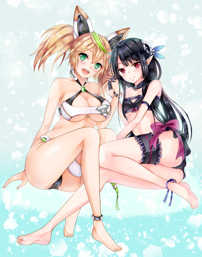 2girls :d absurdres anette_(pso2) anklet arm_support ass bad_id bad_pixiv_id bare_shoulders barefoot bikini black_bikini black_hair blonde_hair breasts cleavage_cutout clothing_cutout collarbone detached_collar feet frills full_body gene_(pso2) green_eyes green_hair hair_between_eyes hair_ornament hairclip holding_hands headgear highres interlocked_fingers jewelry large_breasts long_hair long_sleeves looking_at_viewer midriff multicolored_hair multiple_girls open_mouth phantasy_star phantasy_star_online_2 pointy_ears red_eyes sitting small_breasts smile soles streaked_hair swimsuit thigh_gap thighs toes twintails two-tone_hair underboob yoshida_iyo