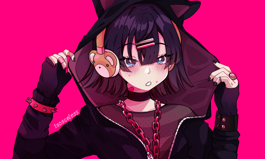 1girl :o animal_hood arms_up artist_name bandaid bandaid_on_hand bandaid_on_neck blue_eyes blunt_tresses blush bracelet chain chain_necklace choker gradient_hair hair_ornament hairclip headphones highres holding_hoodie hood hood_up isosceless jewelry long_sleeves looking_to_the_side mole mole_under_eye multicolored_hair nail_polish necklace open_mouth original purple_hair ring shirt short_hair solo spiked_bracelet spikes striped_clothes striped_shirt sweat wrist_cuffs zipper