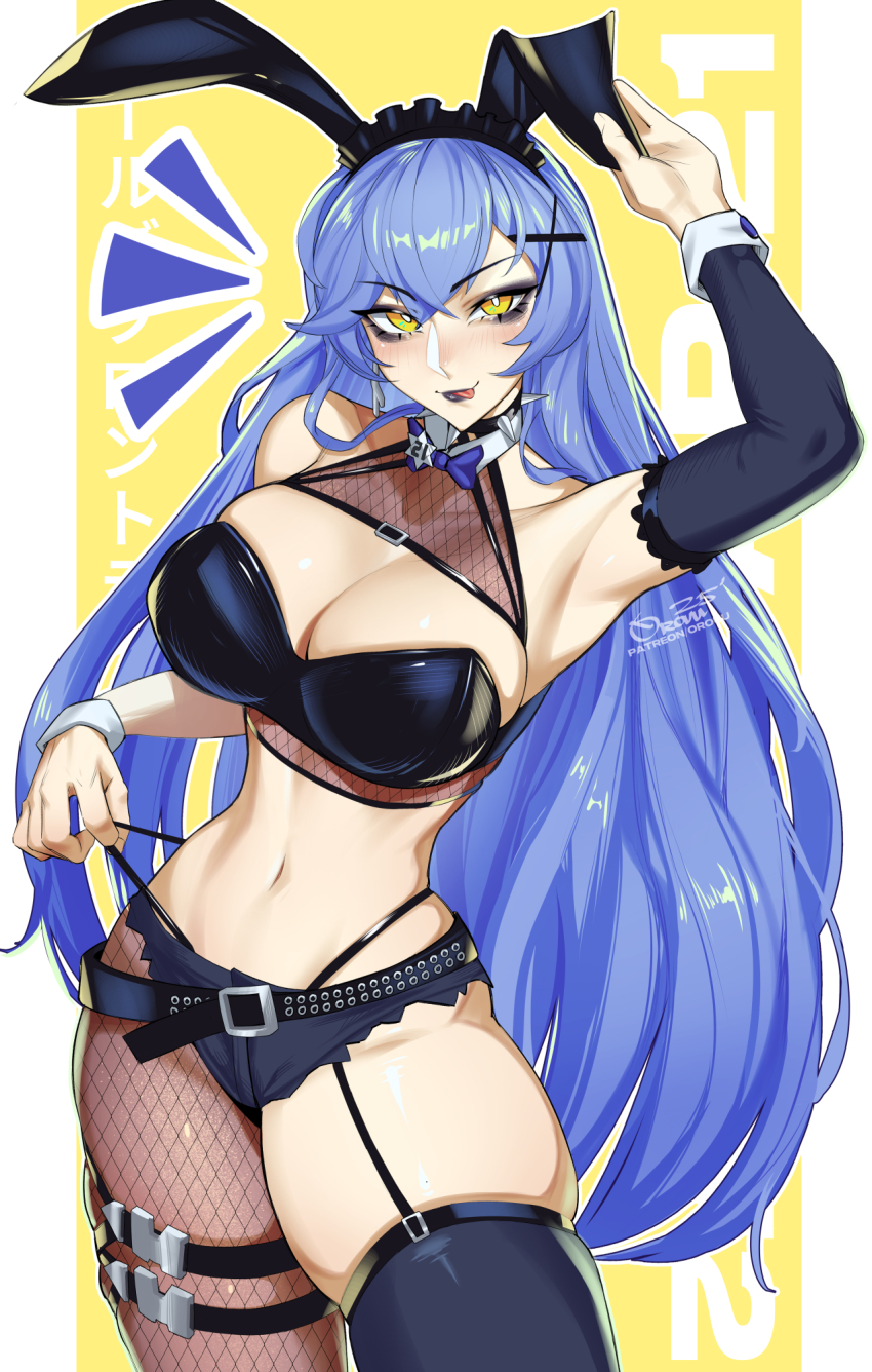 1girl alternate_costume animal_ears armpits artist_name bare_shoulders belt black_belt black_bra black_choker black_eyeshadow black_lips black_panties black_shorts black_tank_top black_thighhighs blue_hair blush bow bowtie bra breasts choker cleavage clothing_cutout collarbone crop_top detached_sleeves eyeshadow fake_animal_ears feet_out_of_frame fishnet_thighhighs fishnets garter_straps girls&#039;_frontline hair_ornament hairclip hand_in_panties hand_on_own_ear harness highres licking_lips lipstick long_hair looking_at_viewer makeup medium_breasts midriff navel open_mouth orouu panties parted_lips purple_bow purple_bowtie rabbit_ears shorts simple_background single_thighhigh smile solo spiked_choker spikes standing tank_top tar-21_(girls&#039;_frontline) thighhighs thighs tongue tongue_out torn_clothes underwear very_long_hair wrist_cuffs yellow_background yellow_eyes