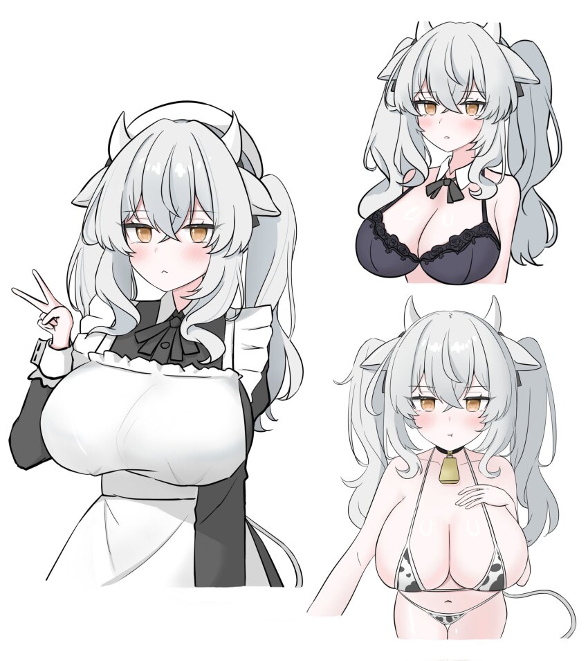 1girl :&lt; animal_ears animal_print apron bell bikini black_bow black_bowtie black_bra black_dress blush bow bowtie bra breasts brown_eyes cleavage closed_mouth collar cow_ears cow_girl cow_horns cow_print cow_print_bikini cow_tail cowbell detached_collar dress grey_hair hair_between_eyes hat highres horns large_breasts long_hair long_sleeves looking_at_viewer maid maid_apron milltina_(vrchat) multiple_views neck_bell print_bikini simple_background swimsuit tail tomaotocat twintails underwear v vrchat white_apron white_background