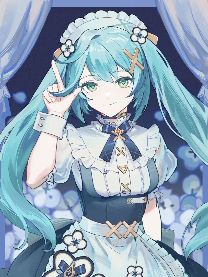 1girl absurdres apron aqua_hair bai_yin_shiro blue_bow bow chinese_commentary commentary_request cowboy_shot curtains dress falling_petals faruzan_(genshin_cafe_in_seoul)_(genshin_impact) faruzan_(genshin_impact) frilled_apron frilled_dress frills genshin_impact green_eyes hair_ornament hand_up highres long_hair looking_at_viewer maid_apron maid_headdress official_alternate_costume petals smile solo symbol-shaped_pupils triangle-shaped_pupils twintails white_apron white_sleeve_cuffs x_hair_ornament