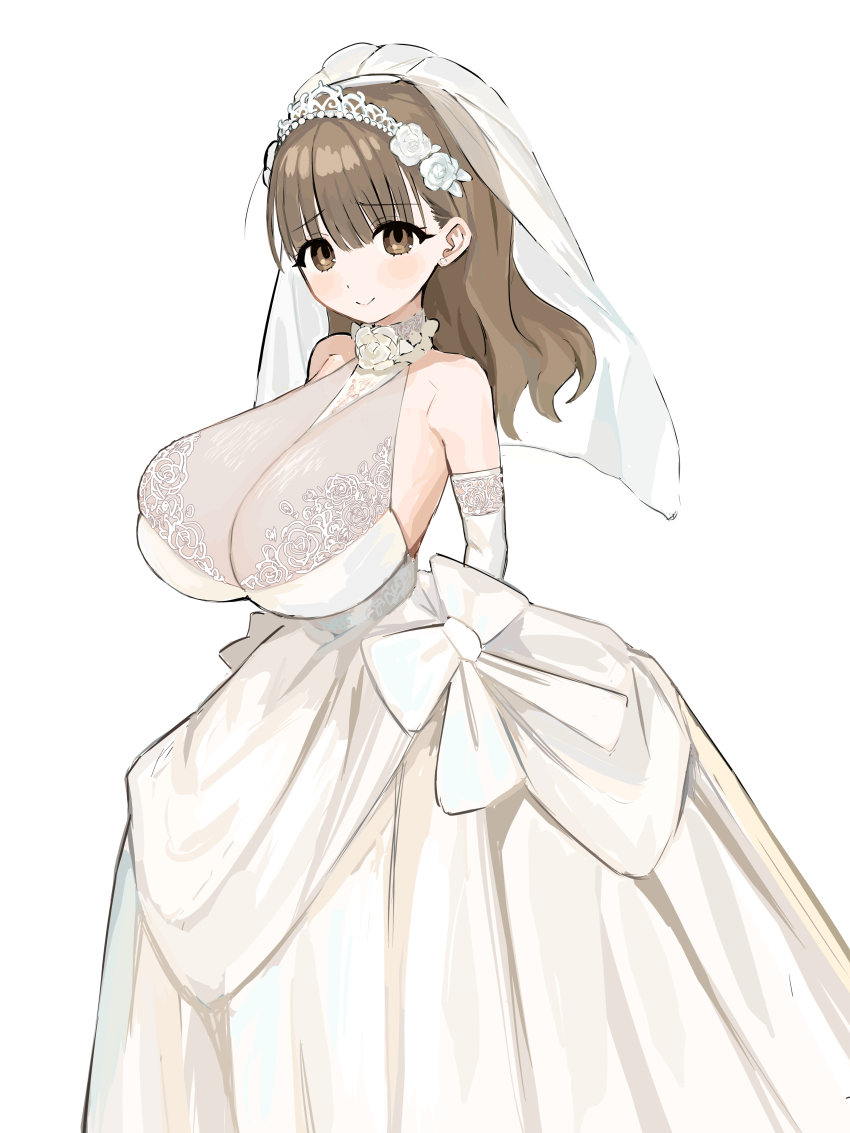 1girl absurdres bfmelu breasts bridal_veil brown_eyes brown_hair dress highres huge_breasts long_hair original simple_background smile solo tiara veil wedding_dress white_background white_dress white_tiara