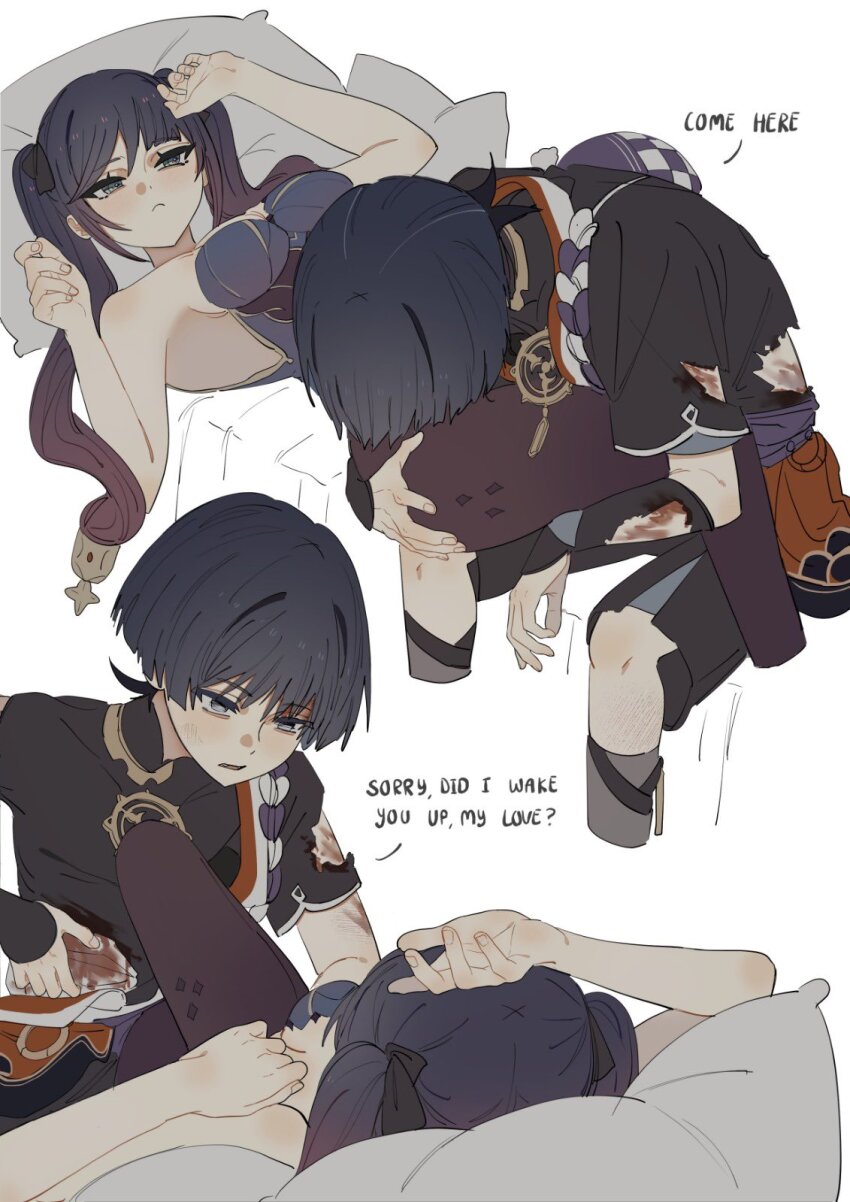 1boy 1girl aqua_eyes armor asymmetrical_bangs bare_shoulders bent_over black_bodysuit black_bow black_hair black_kimono black_pantyhose black_shorts black_sleeves blood blood_on_arm blood_on_clothes blood_on_stomach blue_leotard blunt_bangs blunt_ends blush bodystocking bodysuit bow breasts broken_armor cleavage closed_mouth couple curled_fingers empty_eyes english_text eyelashes fingernails genshin_impact gold grey_eyes grey_shorts grey_sleeves hair_between_eyes hair_bow hand_on_another&#039;s_ass hand_on_own_head hands_up hashtag-only_commentary head_down head_on_pillow hetero highres injury japanese_clothes jewelry juban kimono layered_shorts layered_sleeves leg_over_thigh leotard long_hair looking_at_another lying mitsudomoe_(shape) mona_(genshin_impact) multiple_views neck_ring o-ring on_back on_bed open_clothes open_kimono open_mouth pantyhose parted_lips pillow pink_hair ponytail_holder purple_rope purple_sash red_kimono rope sash scaramouche_(genshin_impact) scratches shimenawa short_sleeves shorts sideboob sidelocks single_off_shoulder sitting strapless strapless_leotard swept_bangs tomoe_(symbol) torn_clothes torn_kimono torn_sleeves tsurime twintails white_background white_kimono white_rope ysnden