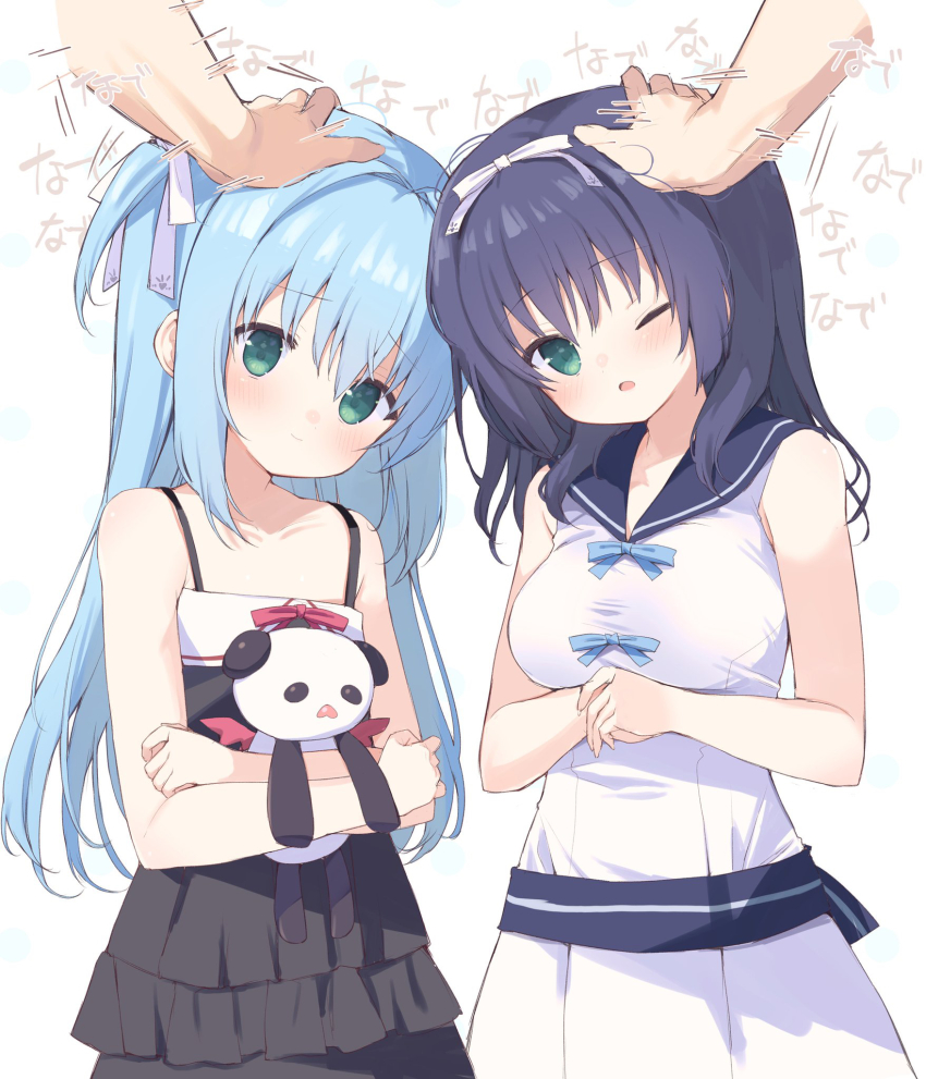1other 2girls bare_shoulders black_dress blue_bow blue_hair blue_sailor_collar blush bow breasts closed_mouth collarbone commentary cowboy_shot double_headpat dress green_eyes hair_intakes hair_ribbon head_tilt headpat highres holding holding_stuffed_toy hugging_doll hugging_object kurano_ema kurano_kun_chi_no_futago_jijou kurano_yae large_breasts long_hair looking_at_viewer medium_hair multiple_girls one_eye_closed open_mouth ribbon sailor_collar shirt siblings sisters skirt sleeveless sleeveless_dress sleeveless_shirt standing stuffed_animal stuffed_panda stuffed_toy takepoison translation_request white_background white_ribbon white_shirt white_skirt
