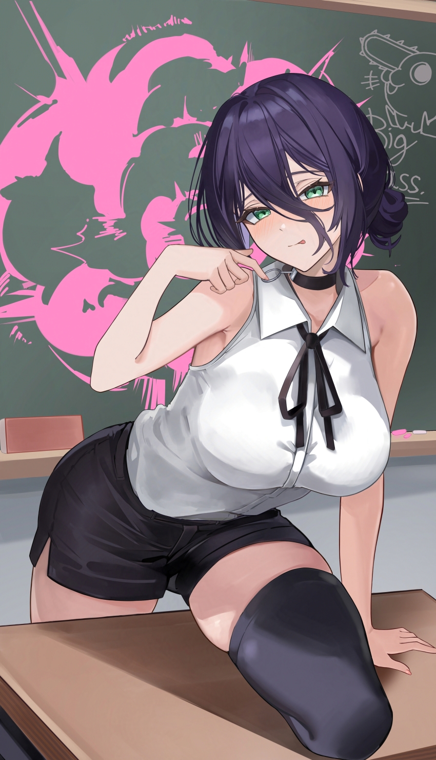 1girl :p absurdres black_choker black_hair black_thighhighs breasts chainsaw_man chalkboard choker collared_shirt commentary english_commentary explosion explosion_background green_eyes grenade_pin hair_between_eyes hair_bun highres jyn_jyn large_breasts looking_at_viewer neck_ribbon pencil_skirt pochita_(chainsaw_man) purple_hair reze_(chainsaw_man) ribbon shirt short_hair skirt sleeveless sleeveless_shirt smile solo thick_thighs thighhighs thighs tongue tongue_out white_shirt zettai_ryouiki
