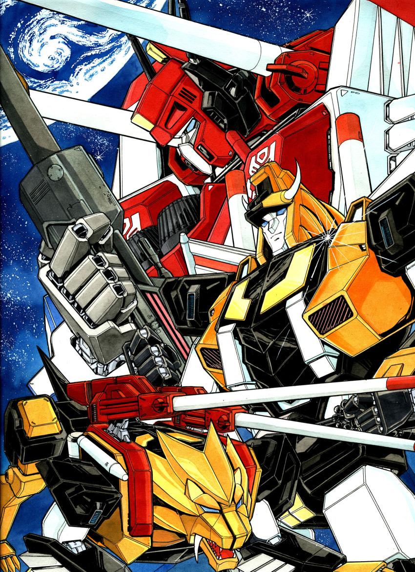 autobot blue_eyes earth_(planet) fangs gun highres holding holding_gun holding_weapon horns magami_ban mecha non-humanoid_robot planet robot robot_animal science_fiction sharp_teeth shoulder_cannon space star_saber_(transformers) teeth transformers transformers_victory victory_leo weapon