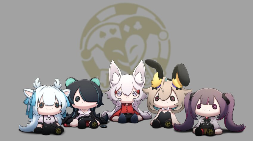 5girls absurdres animal_ear_fluff animal_ears antlers black_bow black_bowtie black_coat black_footwear black_hair black_leotard black_pants black_scrunchie black_skirt blonde_hair blue_hair blue_ribbon bow bowtie button_eyes buttons clero_(viprimo) coat coat_on_shoulders collared_shirt deer_antlers deer_ears dragon_girl dragon_horns ear_ribbon erina_makina fox_ears fox_girl grey_hair hair_ornament hair_over_one_eye hair_scrunchie hakushika_iori highres himemiya_rie holding holding_smoking_pipe horns jewelry leotard missing_eye multicolored_hair multiple_girls necklace open_clothes open_coat panties pants pantyshot phase_connect playboy_bunny rabbit_ears red_brooch red_shirt red_thighhighs ribbon scrunchie shirt sitting skirt smile smoking_pipe streaked_hair tenma_maemi thighhighs tiger_ears tiger_girl twintails underwear utatane_nasa virtual_youtuber white_bow white_bowtie white_coat white_shirt